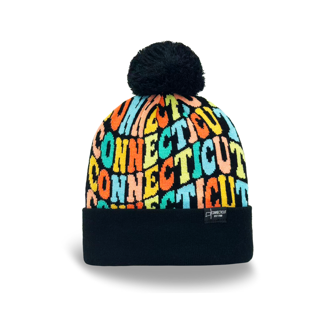 Connecticut Colorful Letter Knit Beanie – Retro Pom Pom Winter Hat with Bold Typography