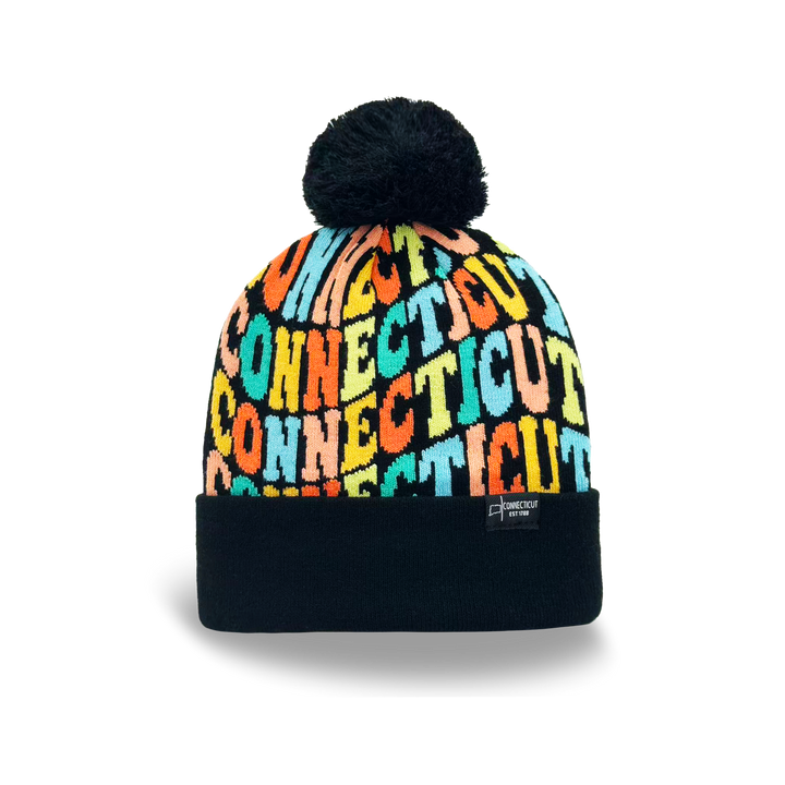 Connecticut Colorful Letter Knit Beanie – Retro Pom Pom Winter Hat with Bold Typography