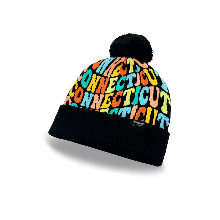 Connecticut Colorful Letter Knit Beanie – Retro Pom Pom Winter Hat with Bold Typography