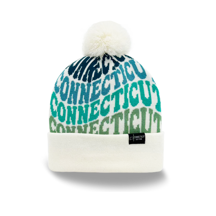 Connecticut Colorful Letter Knit Beanie – Retro Pom Pom Winter Hat with Bold Typography