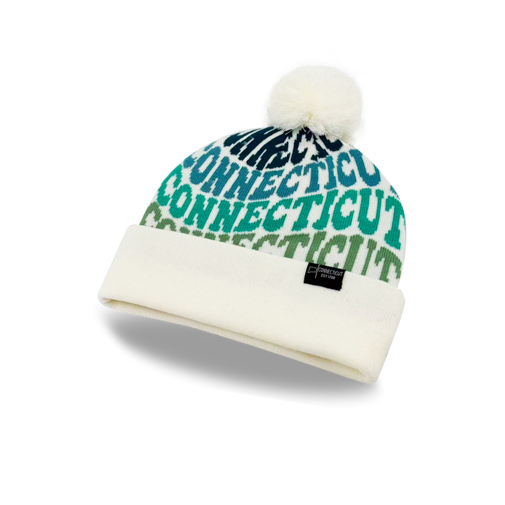 Connecticut Colorful Letter Knit Beanie – Retro Pom Pom Winter Hat with Bold Typography