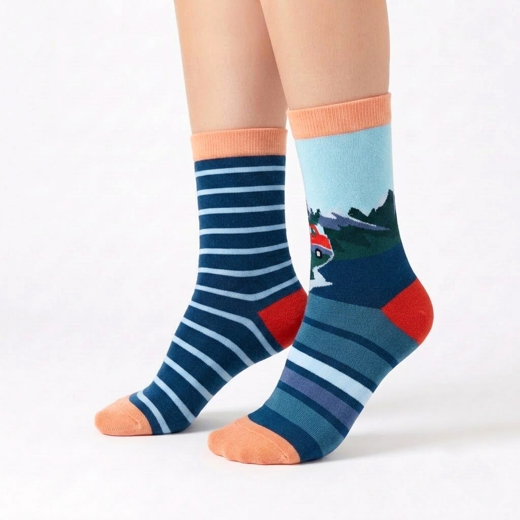 Women's Mountain Adventure Crew Socks – Cozy Outdoor Hiking Socks with Alpine Landscape Design