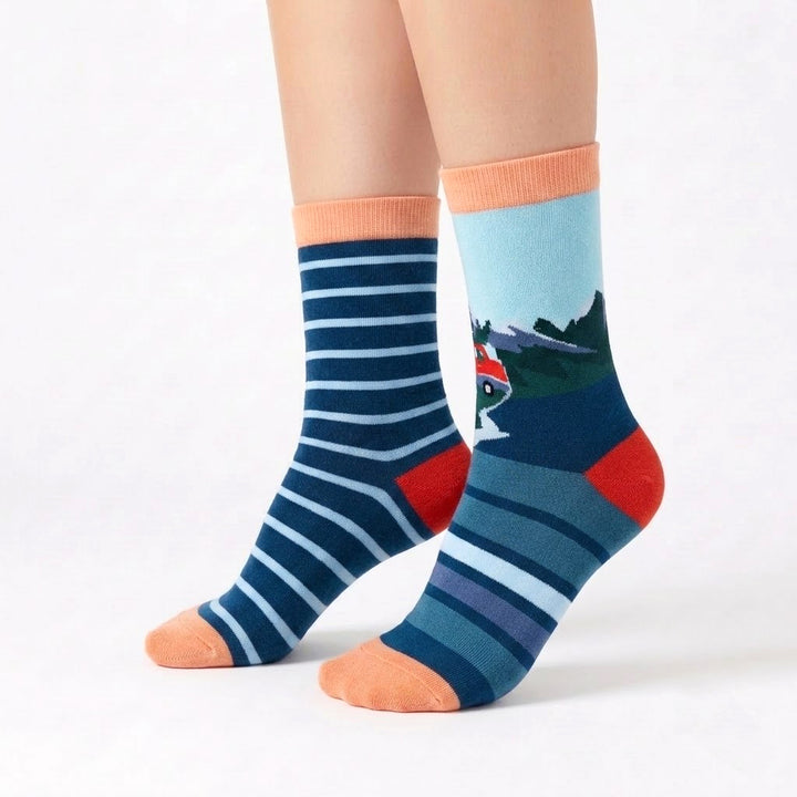 Women's Mountain Adventure Crew Socks – Cozy Outdoor Hiking Socks with Alpine Landscape Design