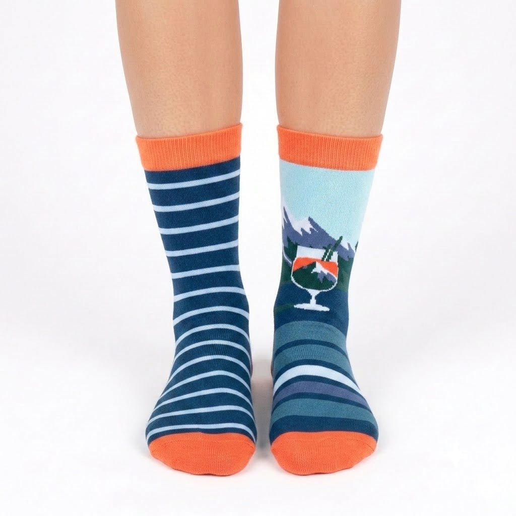 Women's Mountain Adventure Crew Socks – Cozy Outdoor Hiking Socks with Alpine Landscape Design