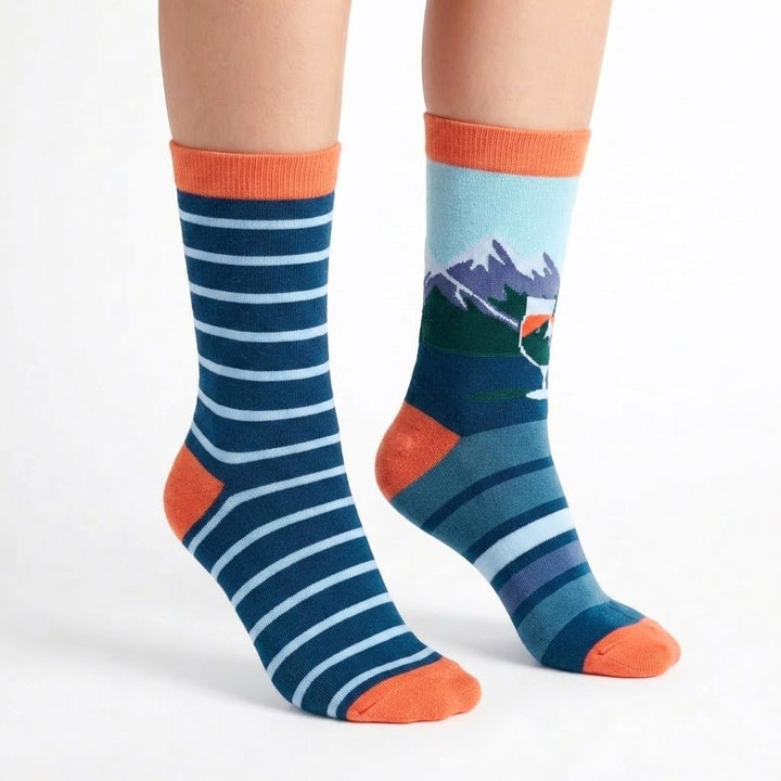 Women's Mountain Adventure Crew Socks – Cozy Outdoor Hiking Socks with Alpine Landscape Design