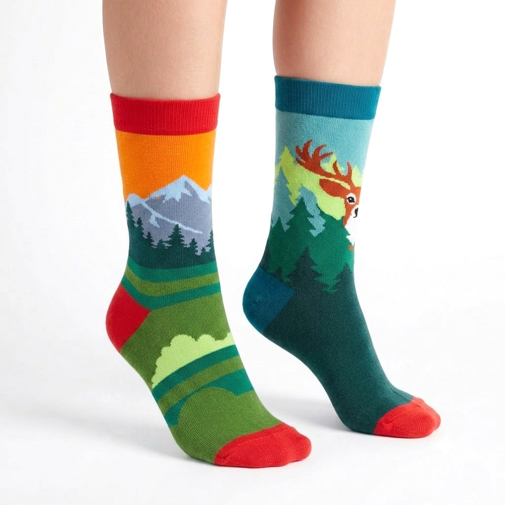 Mountain Deer Cotton Crew Socks for Men & Women | Forest Wildlife Nature Crew Socks | Outdoor Hiking Gift Socks