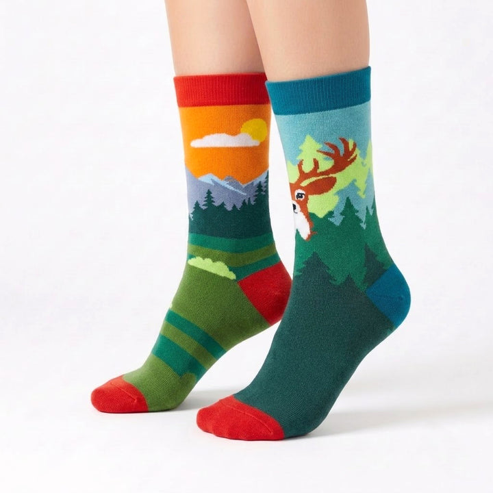 Mountain Deer Cotton Crew Socks for Men & Women | Forest Wildlife Nature Crew Socks | Outdoor Hiking Gift Socks