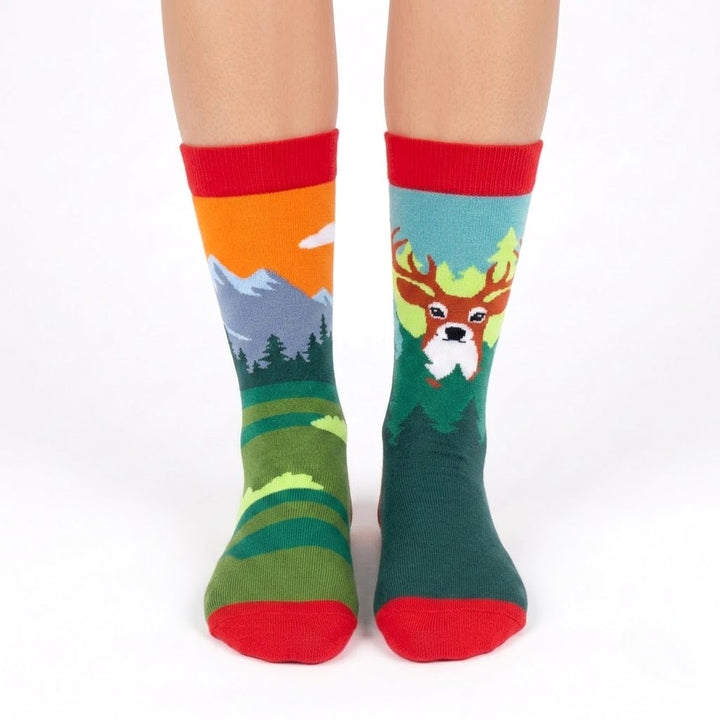Mountain Deer Cotton Crew Socks for Men & Women | Forest Wildlife Nature Crew Socks | Outdoor Hiking Gift Socks
