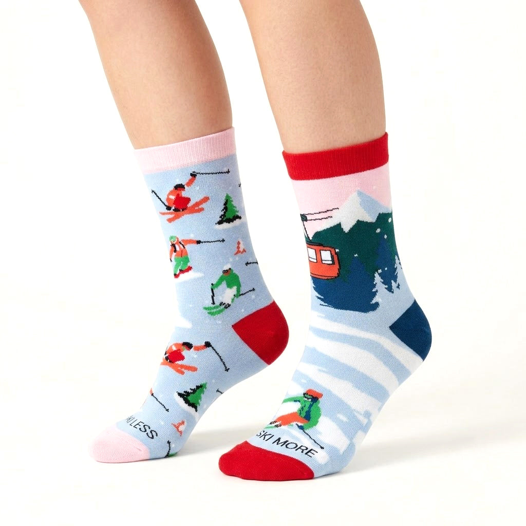 Women's Ski Resort Crew Socks – Ski Lift & Snow Mountain Cotton Crew Socks | Winter Skiing Gift Socks