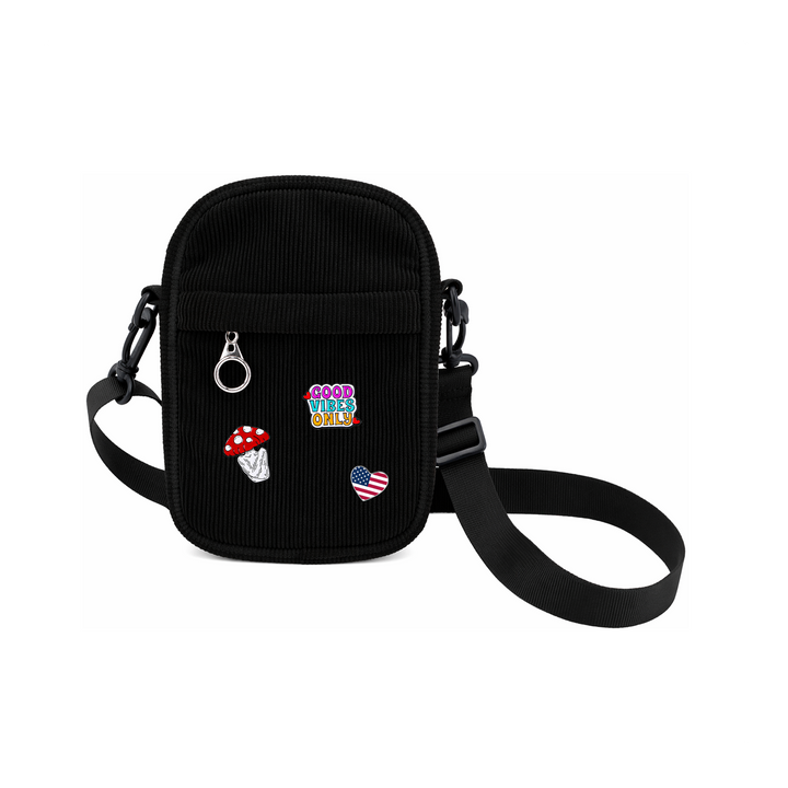 Vintage Black Corduroy Crossbody Bag with Decorative Pins Casual Mini Shoulder Bag New York Street Style Travel Gift Shop Souvenir Bag