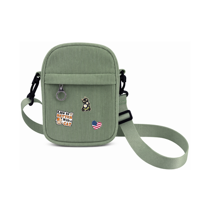 Vintage Olive Corduroy Crossbody Bag with Decorative Pins Casual Mini Shoulder Bag Seattle Outdoor Style Travel Gift Shop Souvenir Bag