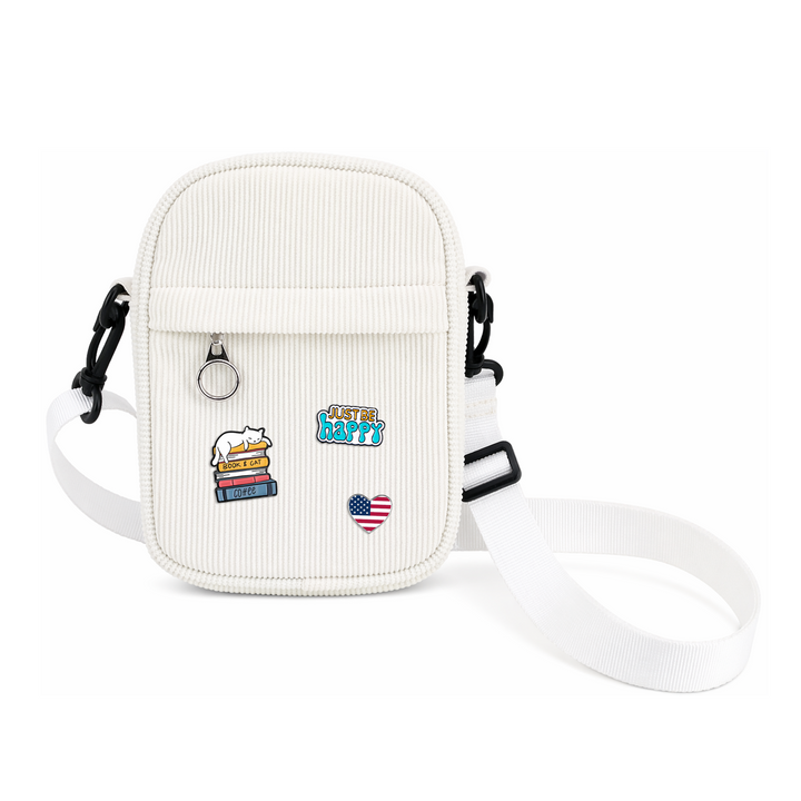 Vintage White Corduroy Crossbody Bag with Decorative Pins Casual Mini Shoulder Bag Boston Cozy Style Travel Gift Shop Souvenir Bag