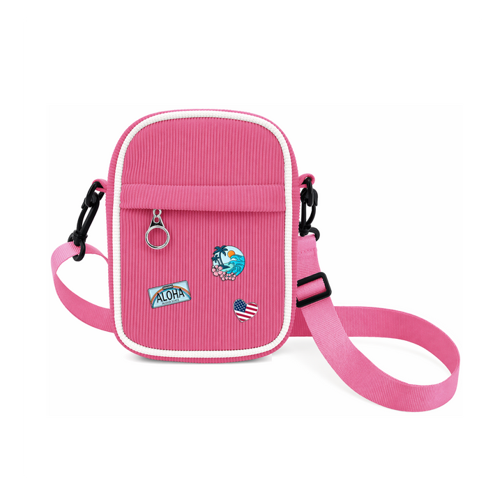 Vintage Pink Corduroy Crossbody Bag with Decorative Pins Casual Mini Shoulder Bag Miami Beach Style Travel Gift Shop Souvenir Bag