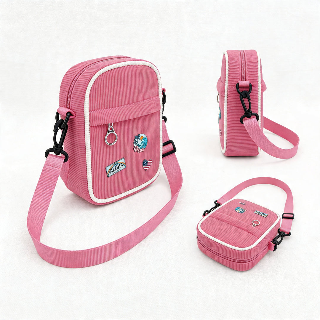 Vintage Pink Corduroy Crossbody Bag with Decorative Pins Casual Mini Shoulder Bag Miami Beach Style Travel Gift Shop Souvenir Bag
