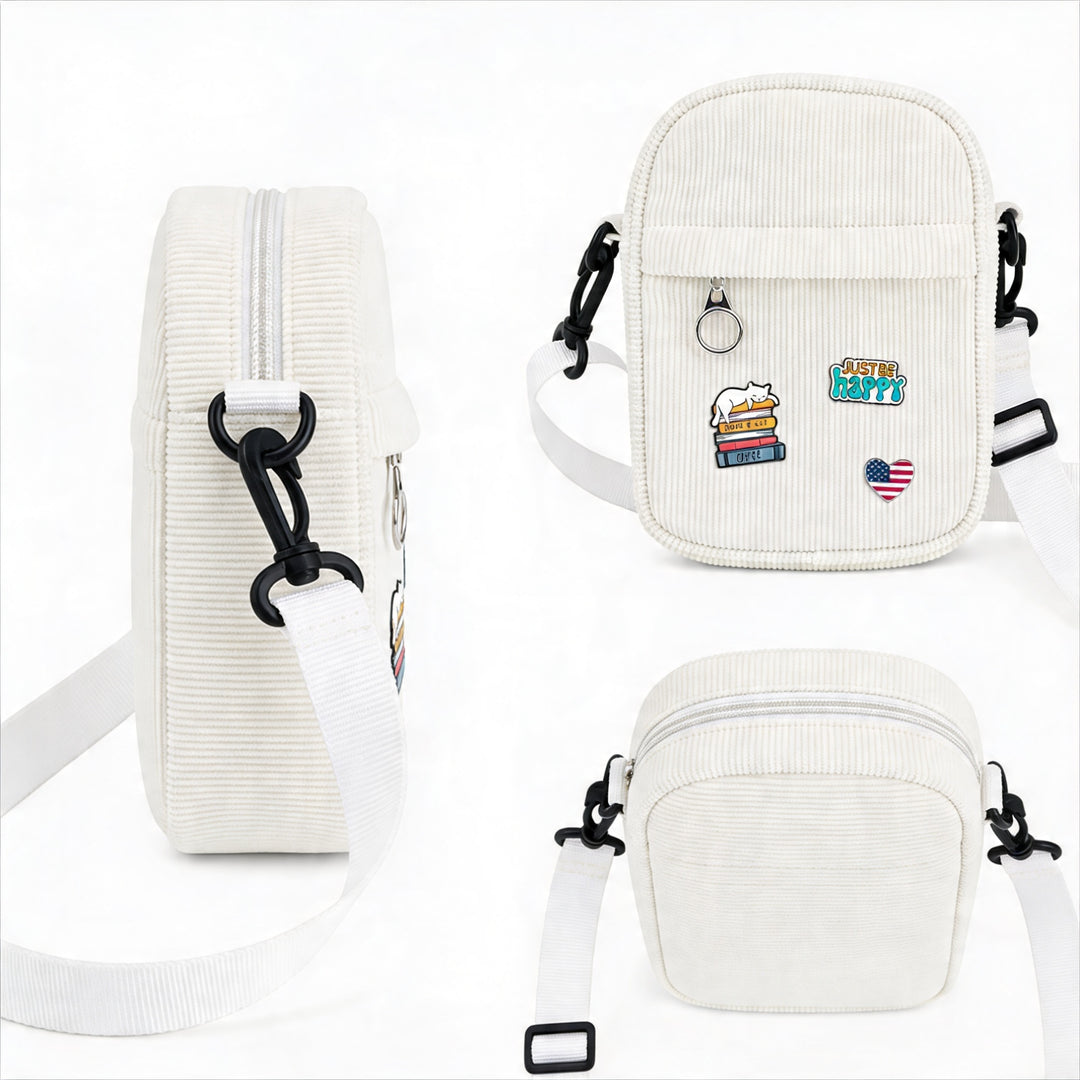 Vintage White Corduroy Crossbody Bag with Decorative Pins Casual Mini Shoulder Bag Boston Cozy Style Travel Gift Shop Souvenir Bag