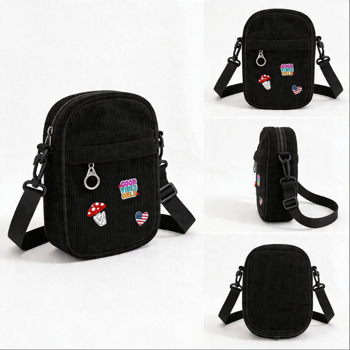 Vintage Black Corduroy Crossbody Bag with Decorative Pins Casual Mini Shoulder Bag New York Street Style Travel Gift Shop Souvenir Bag