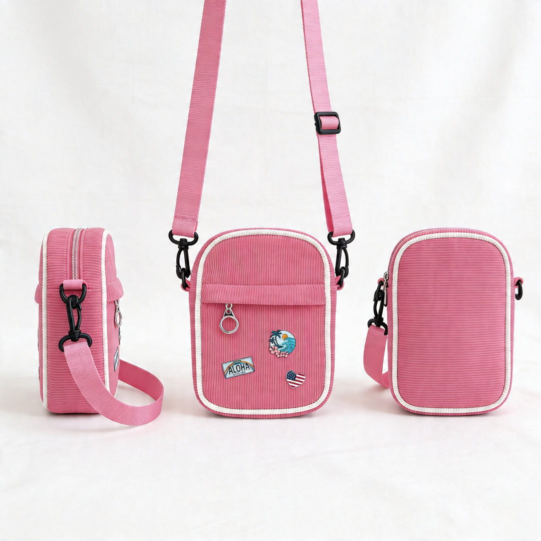 Vintage Pink Corduroy Crossbody Bag with Decorative Pins Casual Mini Shoulder Bag Miami Beach Style Travel Gift Shop Souvenir Bag