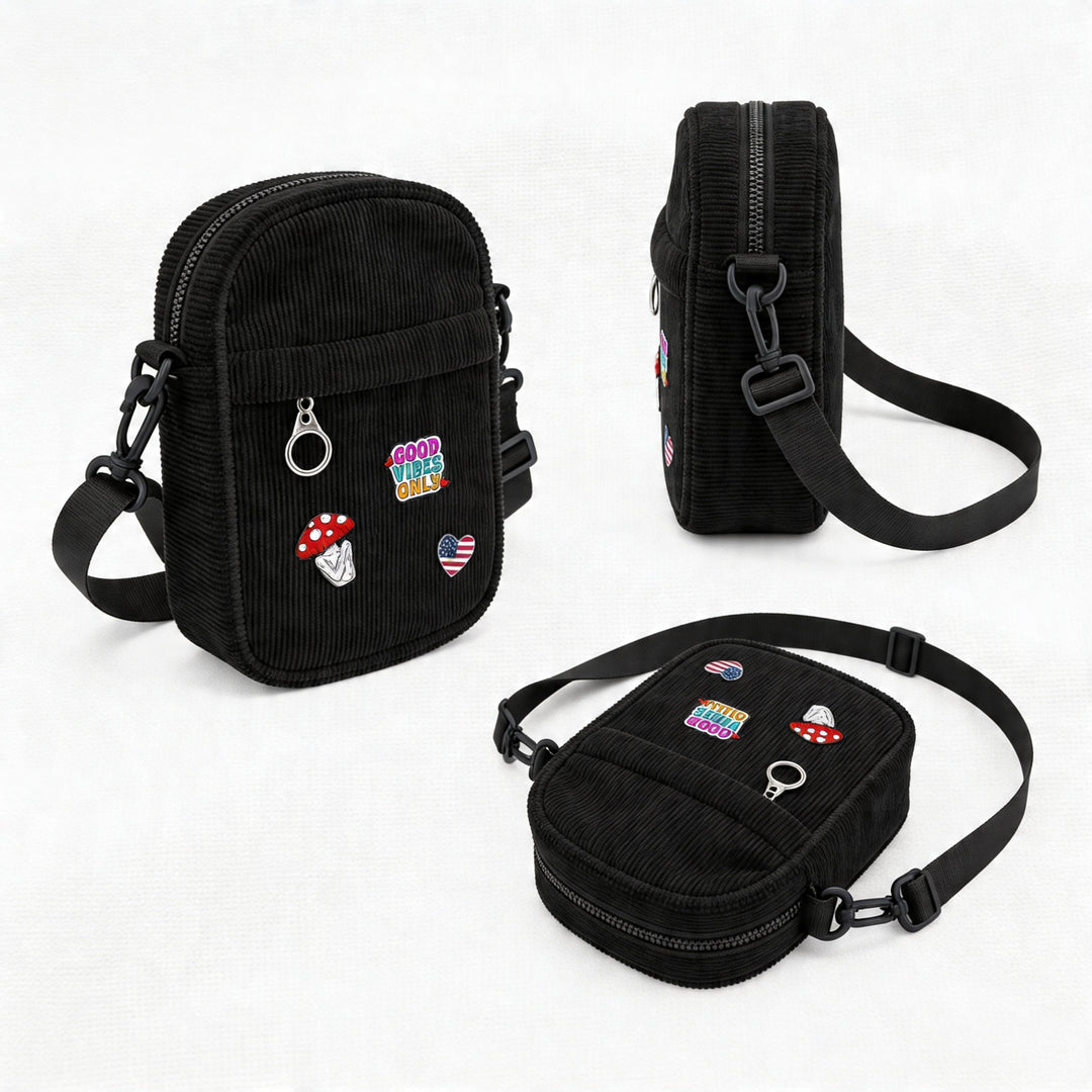 Vintage Black Corduroy Crossbody Bag with Decorative Pins Casual Mini Shoulder Bag New York Street Style Travel Gift Shop Souvenir Bag
