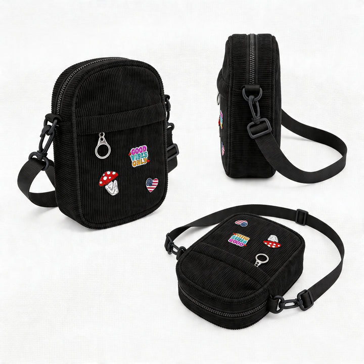 Vintage Black Corduroy Crossbody Bag with Decorative Pins Casual Mini Shoulder Bag New York Street Style Travel Gift Shop Souvenir Bag