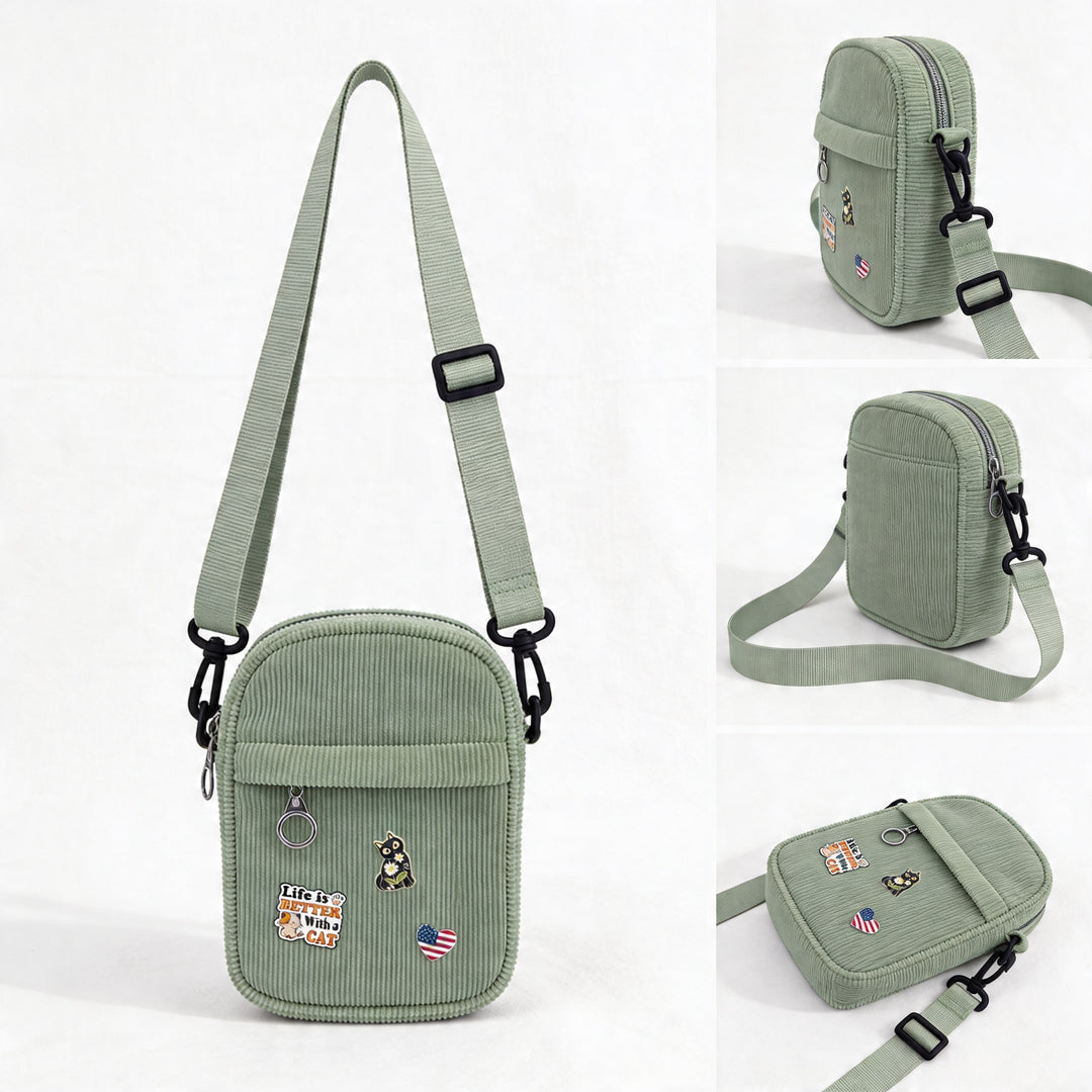 Vintage Olive Corduroy Crossbody Bag with Decorative Pins Casual Mini Shoulder Bag Seattle Outdoor Style Travel Gift Shop Souvenir Bag