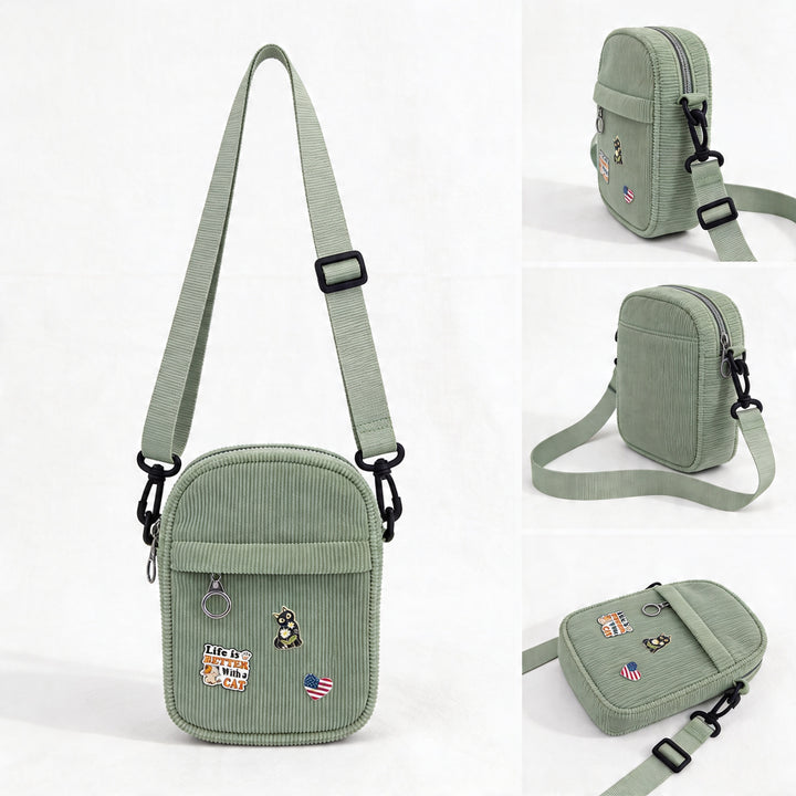 Vintage Olive Corduroy Crossbody Bag with Decorative Pins Casual Mini Shoulder Bag Seattle Outdoor Style Travel Gift Shop Souvenir Bag