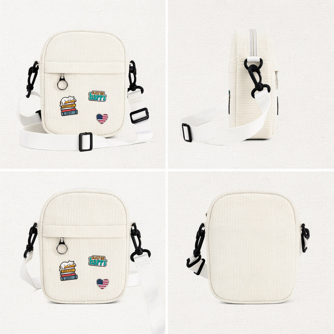 Vintage White Corduroy Crossbody Bag with Decorative Pins Casual Mini Shoulder Bag Boston Cozy Style Travel Gift Shop Souvenir Bag