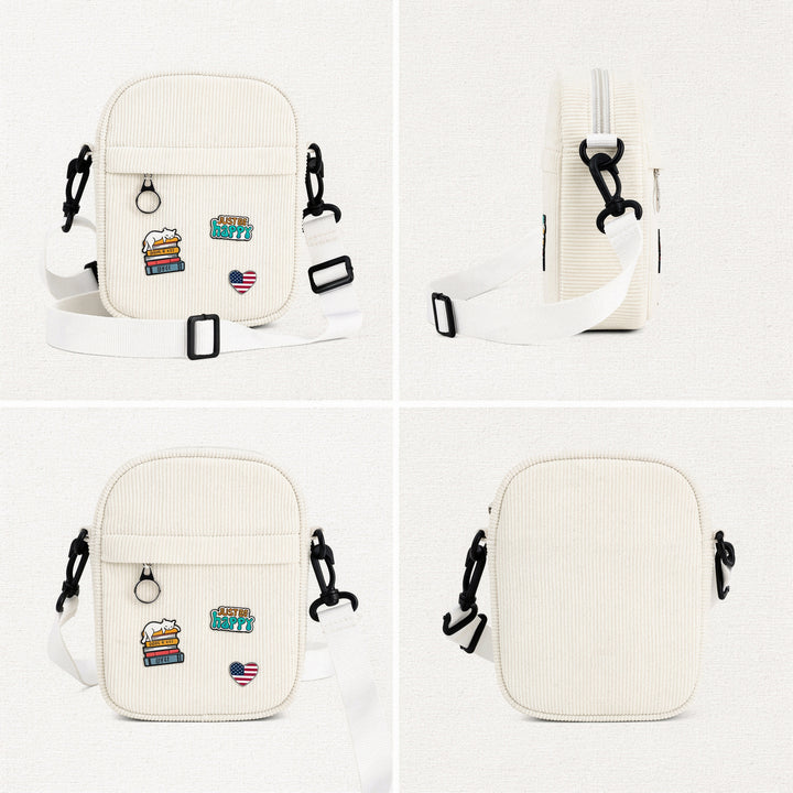 Vintage White Corduroy Crossbody Bag with Decorative Pins Casual Mini Shoulder Bag Boston Cozy Style Travel Gift Shop Souvenir Bag