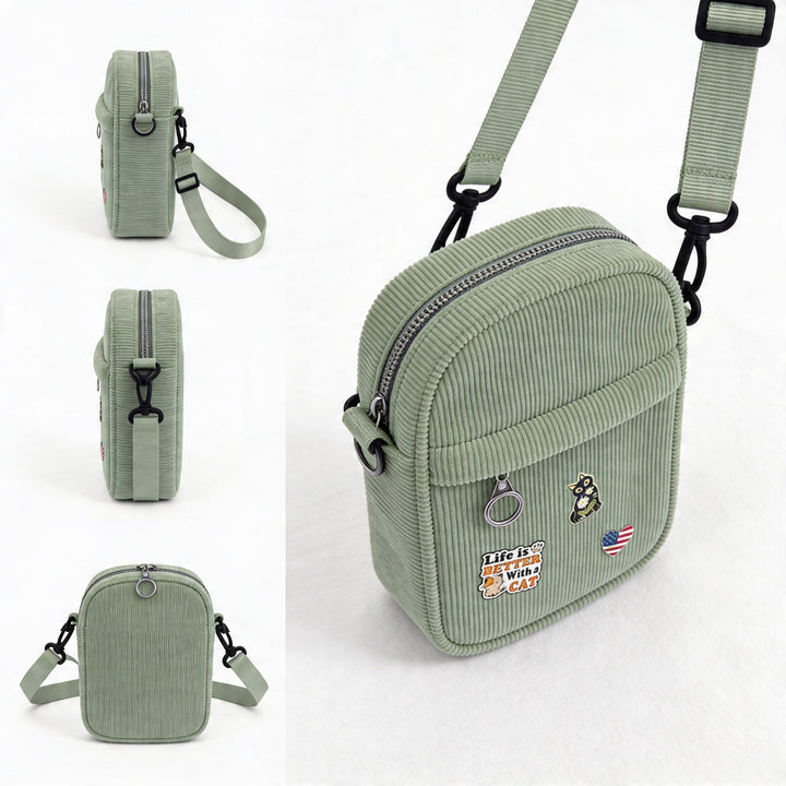 Vintage Olive Corduroy Crossbody Bag with Decorative Pins Casual Mini Shoulder Bag Seattle Outdoor Style Travel Gift Shop Souvenir Bag