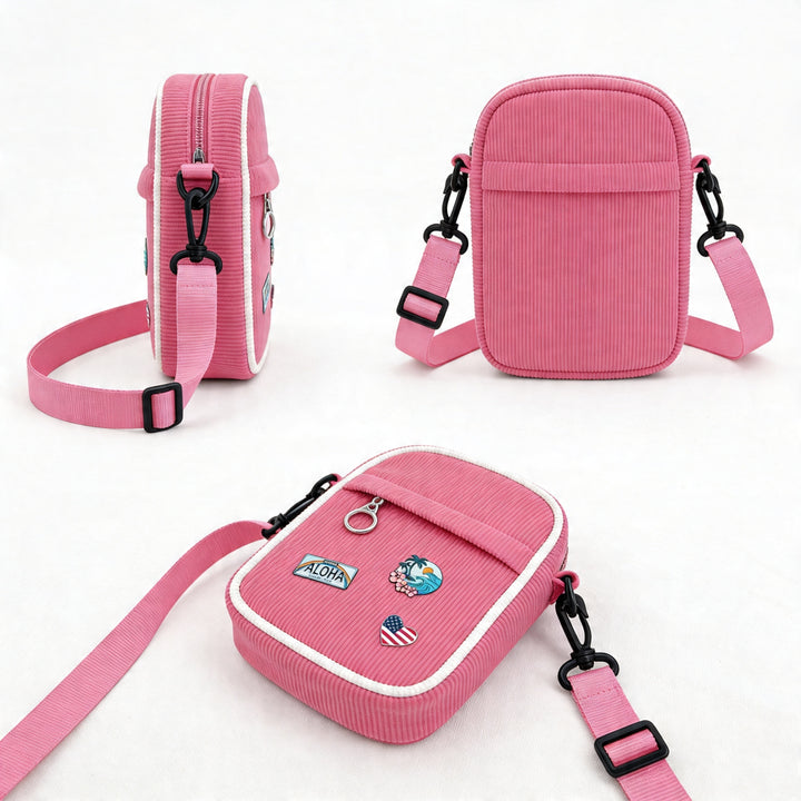 Vintage Pink Corduroy Crossbody Bag with Decorative Pins Casual Mini Shoulder Bag Miami Beach Style Travel Gift Shop Souvenir Bag