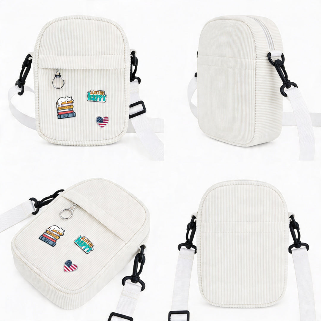 Vintage White Corduroy Crossbody Bag with Decorative Pins Casual Mini Shoulder Bag Boston Cozy Style Travel Gift Shop Souvenir Bag