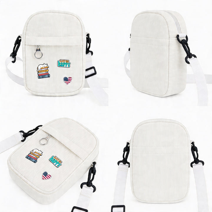 Vintage White Corduroy Crossbody Bag with Decorative Pins Casual Mini Shoulder Bag Boston Cozy Style Travel Gift Shop Souvenir Bag