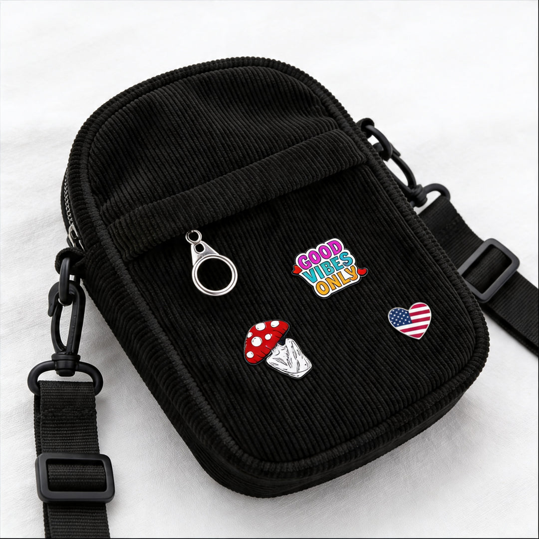 Vintage Black Corduroy Crossbody Bag with Decorative Pins Casual Mini Shoulder Bag New York Street Style Travel Gift Shop Souvenir Bag