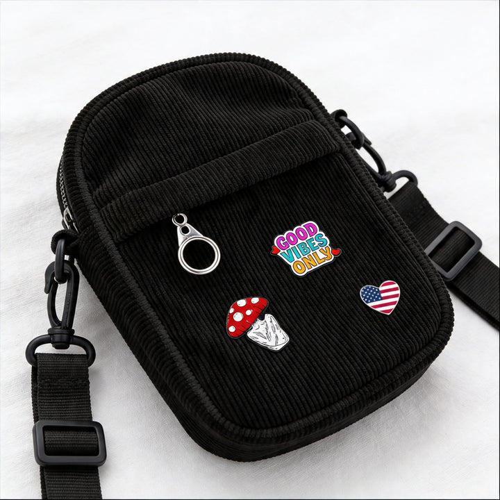Vintage Black Corduroy Crossbody Bag with Decorative Pins Casual Mini Shoulder Bag New York Street Style Travel Gift Shop Souvenir Bag