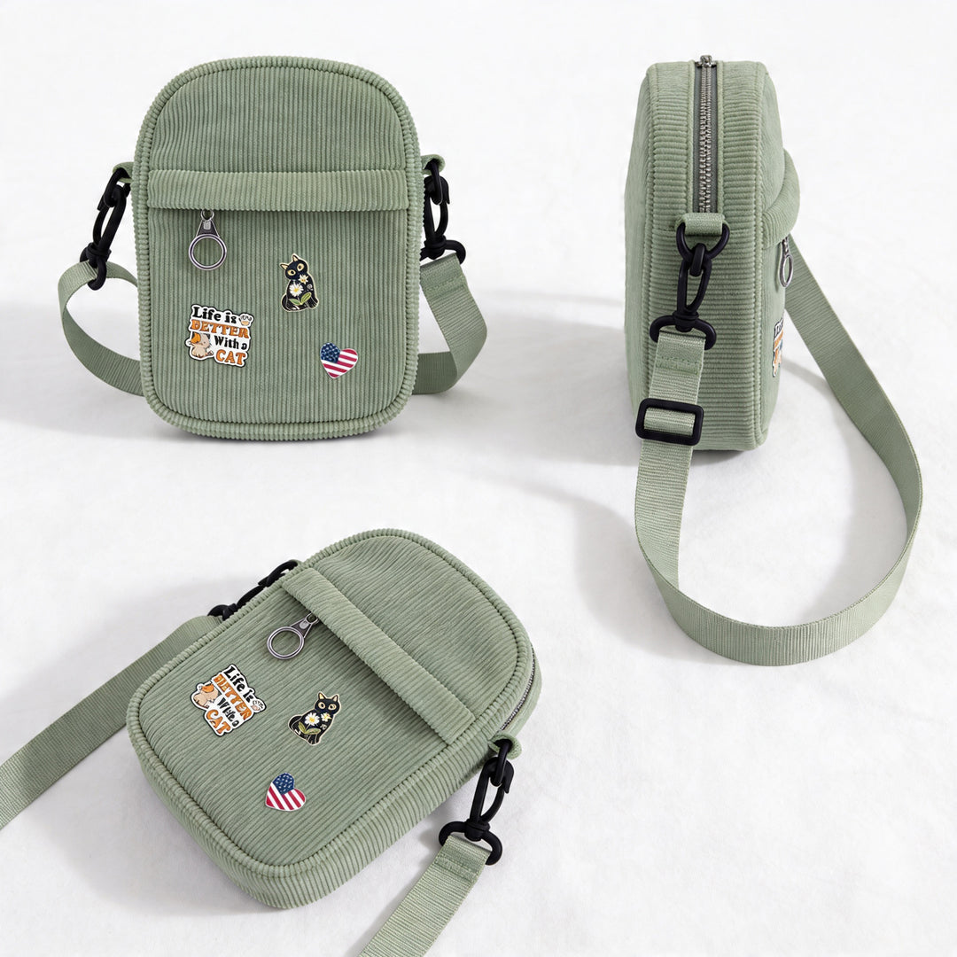 Vintage Olive Corduroy Crossbody Bag with Decorative Pins Casual Mini Shoulder Bag Seattle Outdoor Style Travel Gift Shop Souvenir Bag