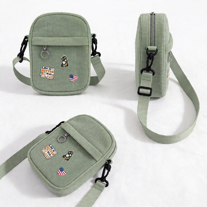 Vintage Olive Corduroy Crossbody Bag with Decorative Pins Casual Mini Shoulder Bag Seattle Outdoor Style Travel Gift Shop Souvenir Bag