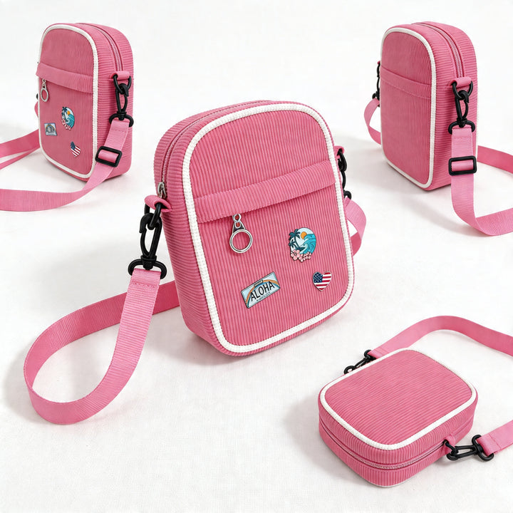 Vintage Pink Corduroy Crossbody Bag with Decorative Pins Casual Mini Shoulder Bag Miami Beach Style Travel Gift Shop Souvenir Bag