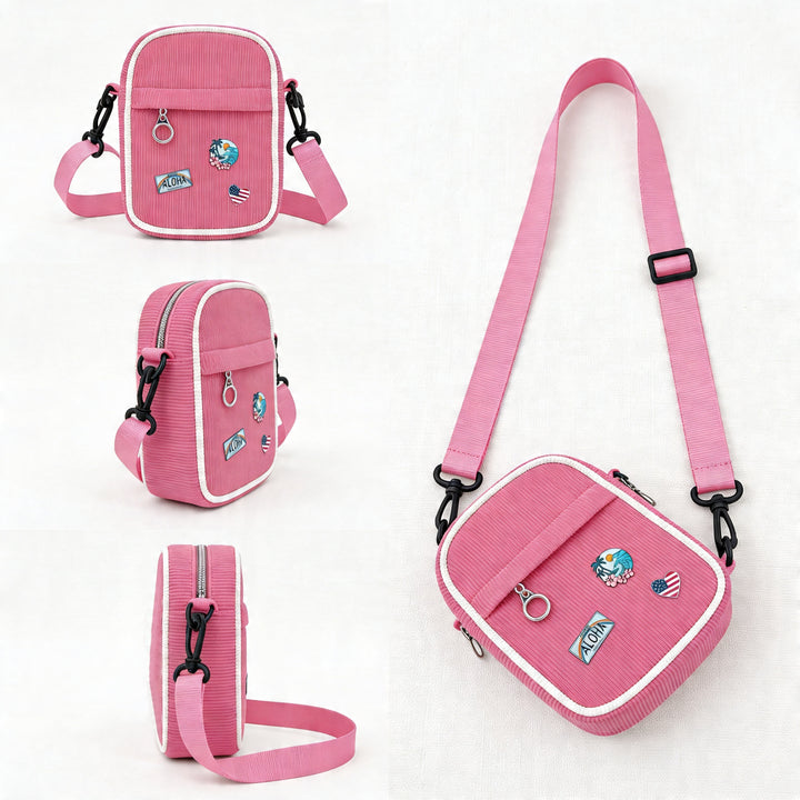 Vintage Pink Corduroy Crossbody Bag with Decorative Pins Casual Mini Shoulder Bag Miami Beach Style Travel Gift Shop Souvenir Bag