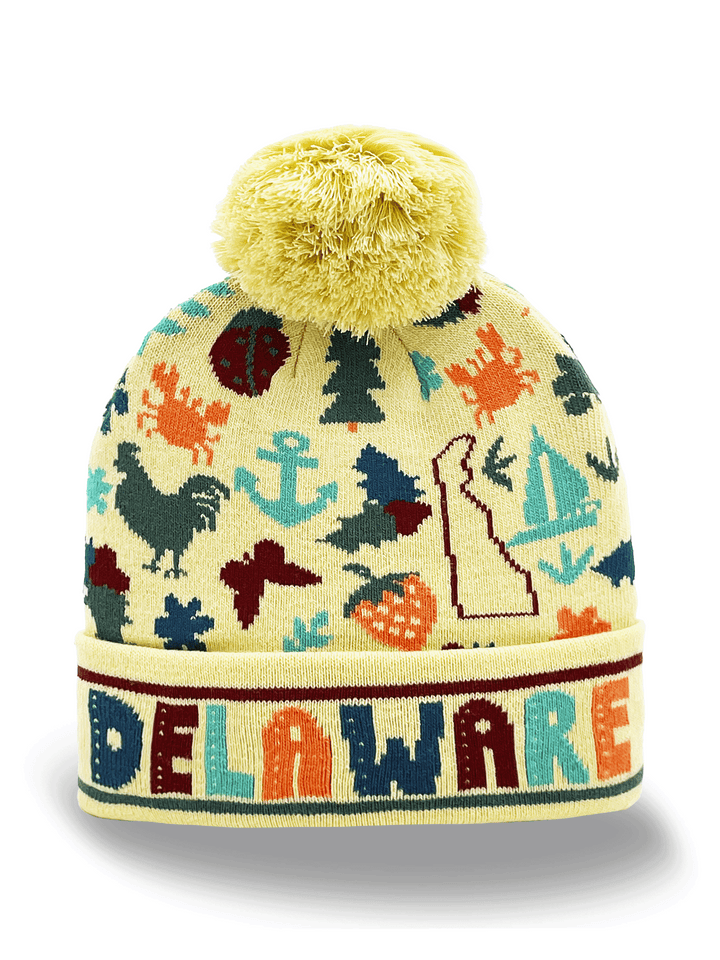 Delaware Knit Beanie with Rooster, Anchor, Strawberry & State Icons