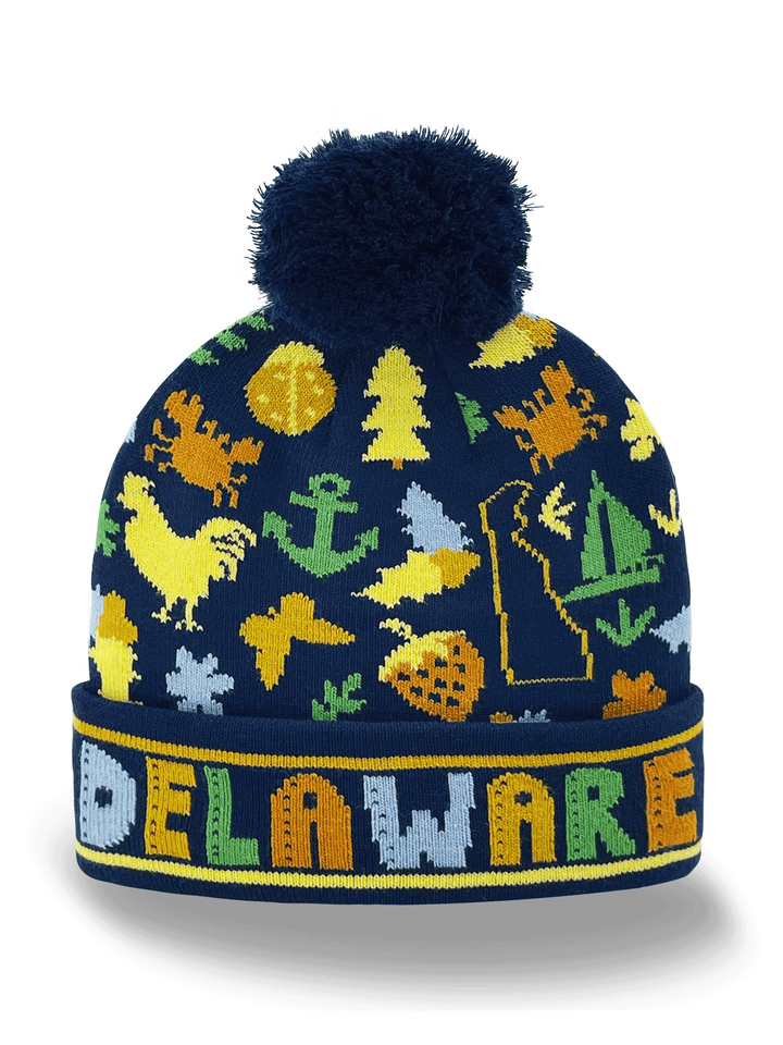 Delaware Knit Beanie with Rooster, Anchor, Strawberry & State Icons