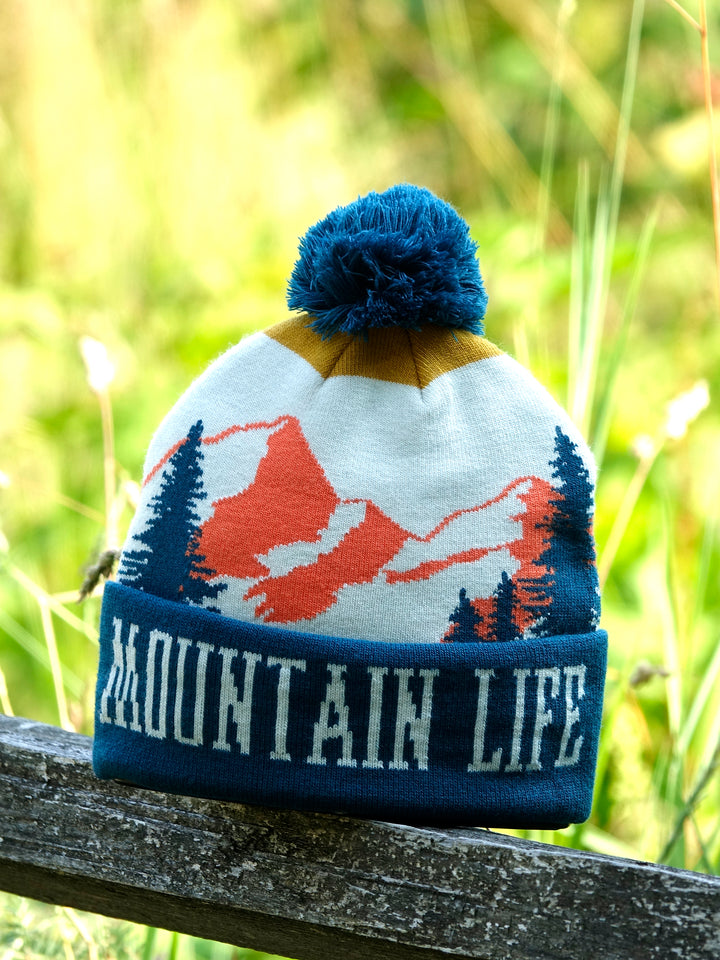 Mountain Life Knit Beanie Winter Hat with Pom Pom Outdoor Hiking Adventure Style