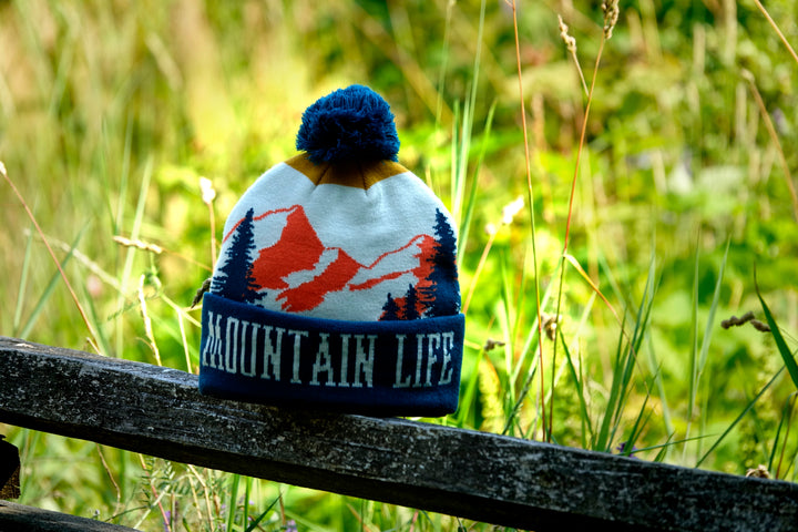Mountain Life Knit Beanie Winter Hat with Pom Pom Outdoor Hiking Adventure Style