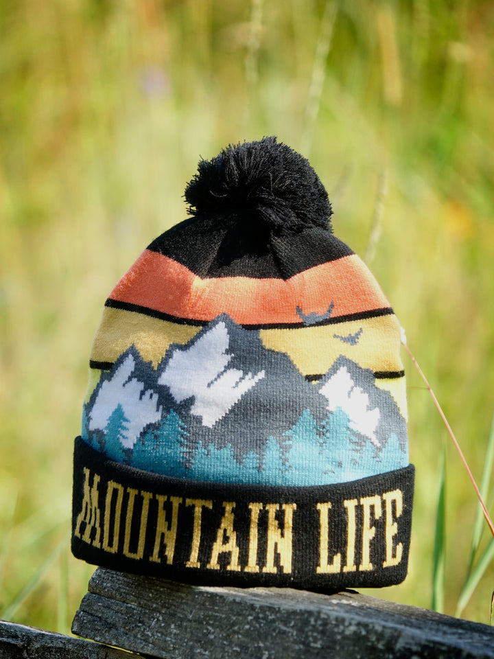 Mountain Life Knit Beanie with Pom Pom Winter Hat Sunset Hiking Ski Snow Gear