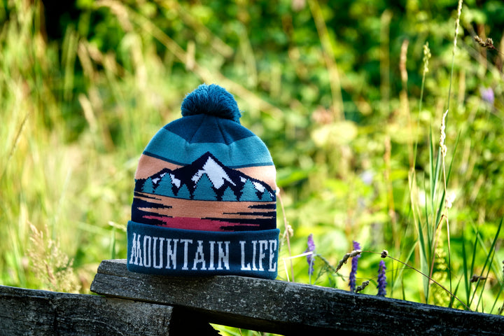 Mountain Life Knit Beanie with Pom Pom Winter Hat Outdoor Hiking Snow Gear