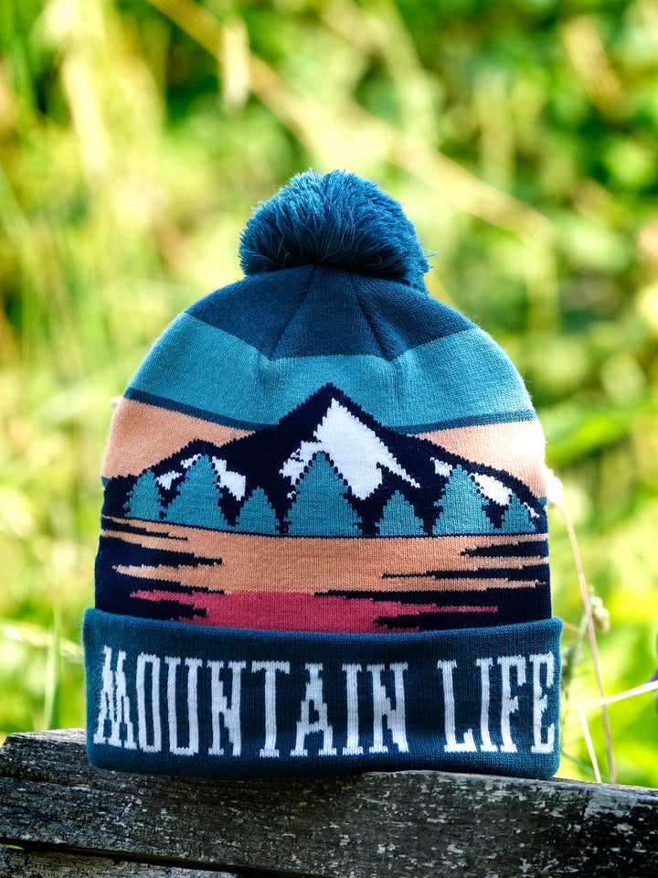 Mountain Life Knit Beanie with Pom Pom Winter Hat Outdoor Hiking Snow Gear