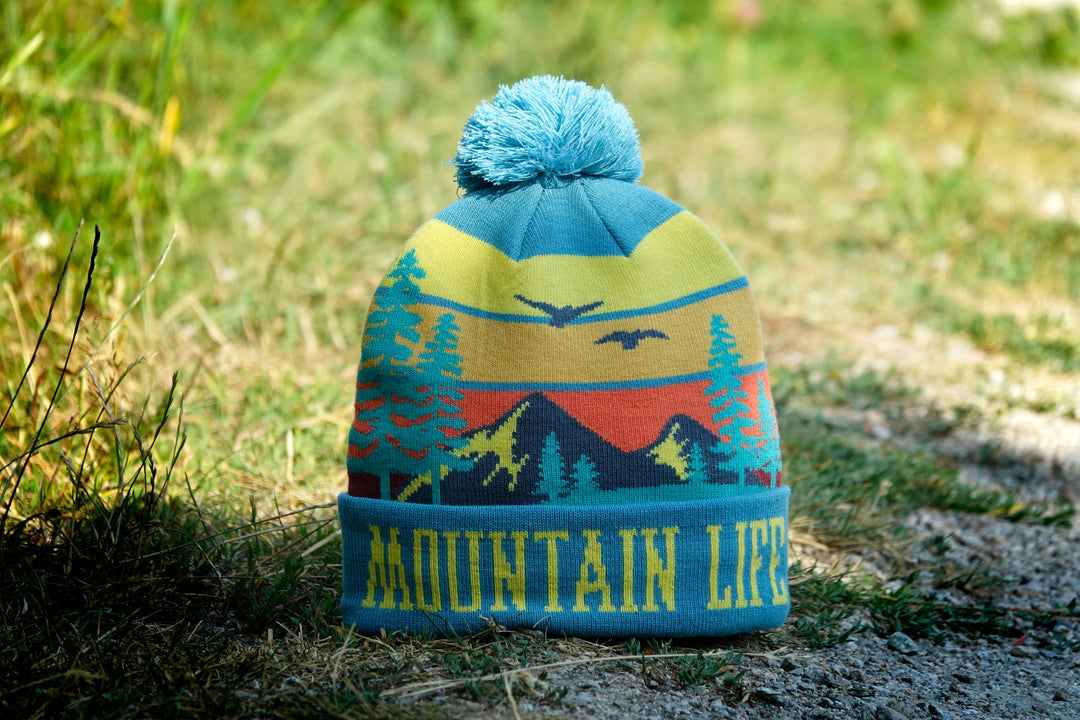 Mountain Life Knit Beanie Hat with Pom | Outdoor Hiking Camping Winter Adventure Cap