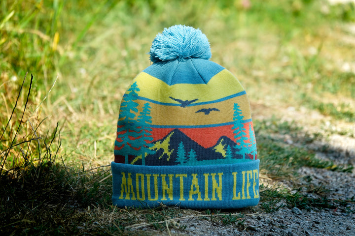 Mountain Life Knit Beanie Hat with Pom | Outdoor Hiking Camping Winter Adventure Cap