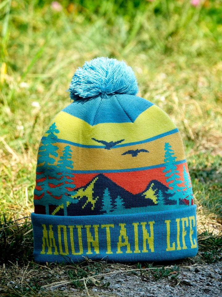 Mountain Life Knit Beanie Hat with Pom | Outdoor Hiking Camping Winter Adventure Cap