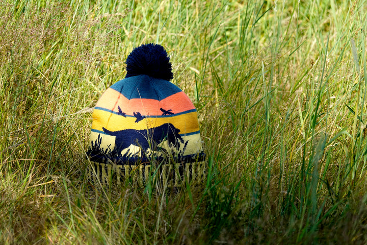 Hunting Dog Sunset Knit Beanie with Pom Pom Winter Hat Outdoor Duck Retriever Gear