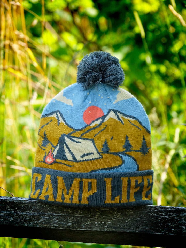 Camp Life Beanie with Mountains, Tent and Campfire Design Pom Pom Winter Hat
