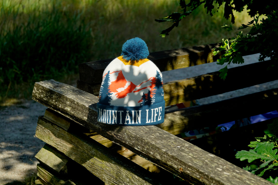 Mountain Life Knit Beanie Winter Hat with Pom Pom Outdoor Hiking Adventure Style